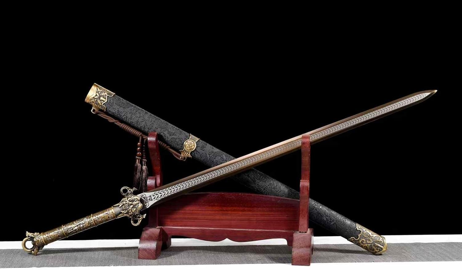 LOONGSWORD Hand-Forged Chinese Ring-Pommel Sword | High Manganese Steel Blade with Golden Etching | Black Dragon Pattern Scabbard | Traditional Martial Arts Practice, Display, and Gift