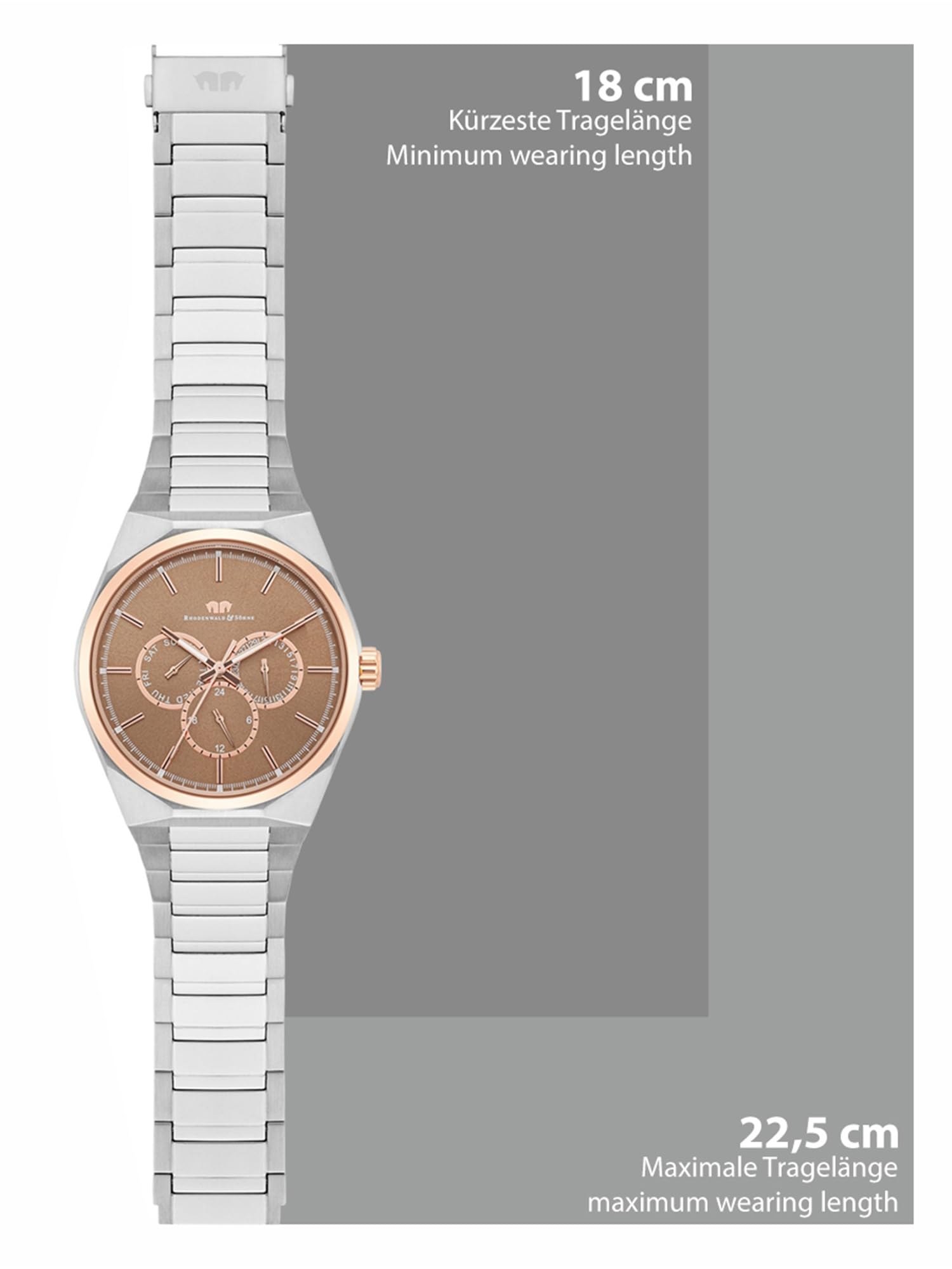 Rhodenwald & Söhne Herren Uhr Edelstahl roségold/Silber Quarzwerk 5 ATM | Edelstahl Armband, silber, Gliederarmband, Multifunktion(en), Zifferblatt bronze, Mineralglas, Armbanduhr