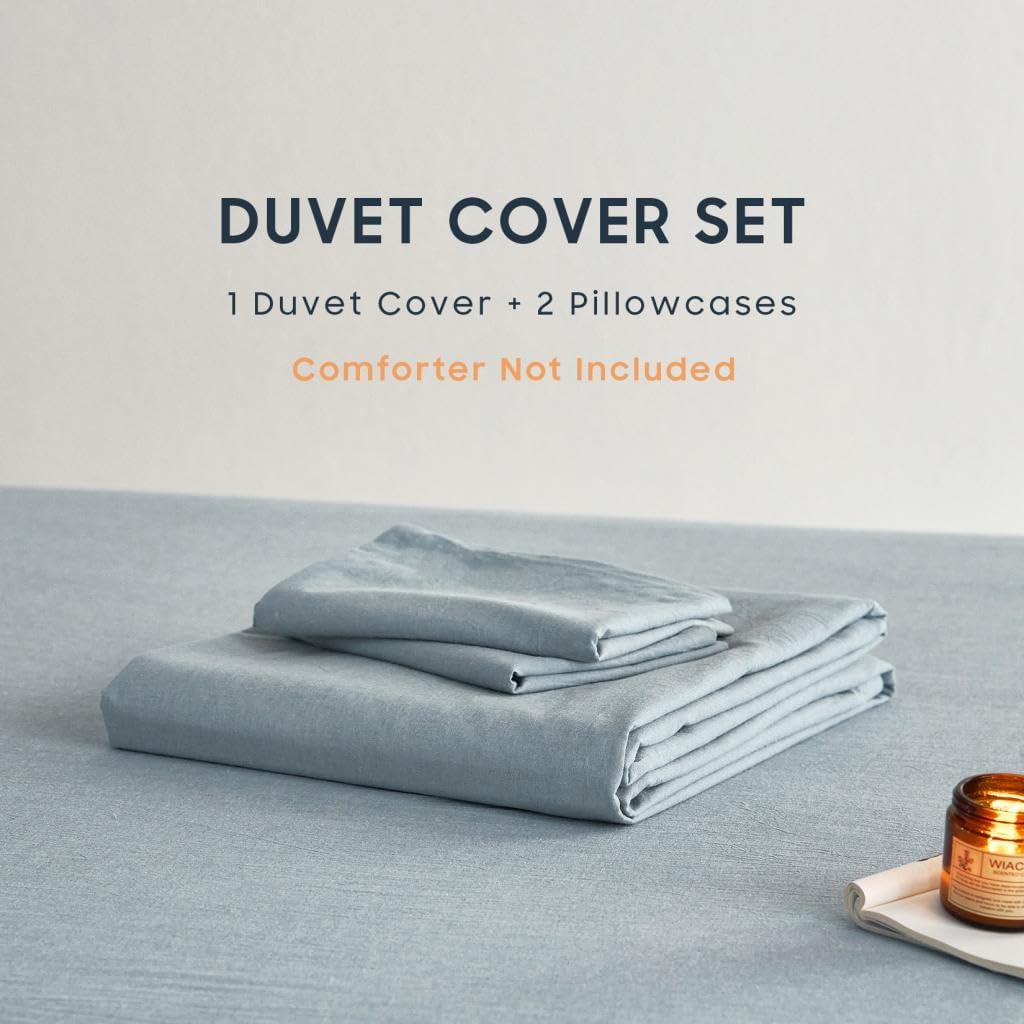 Wake In Cloud - Cotton Duvet Cover Set, Queen Size, Light Denim Blue, 100% Washed Cotton, Linen Like Textured, Breathable Percale Durable Comfy Farmhouse Neutral Bedding Set, 3 Pieces