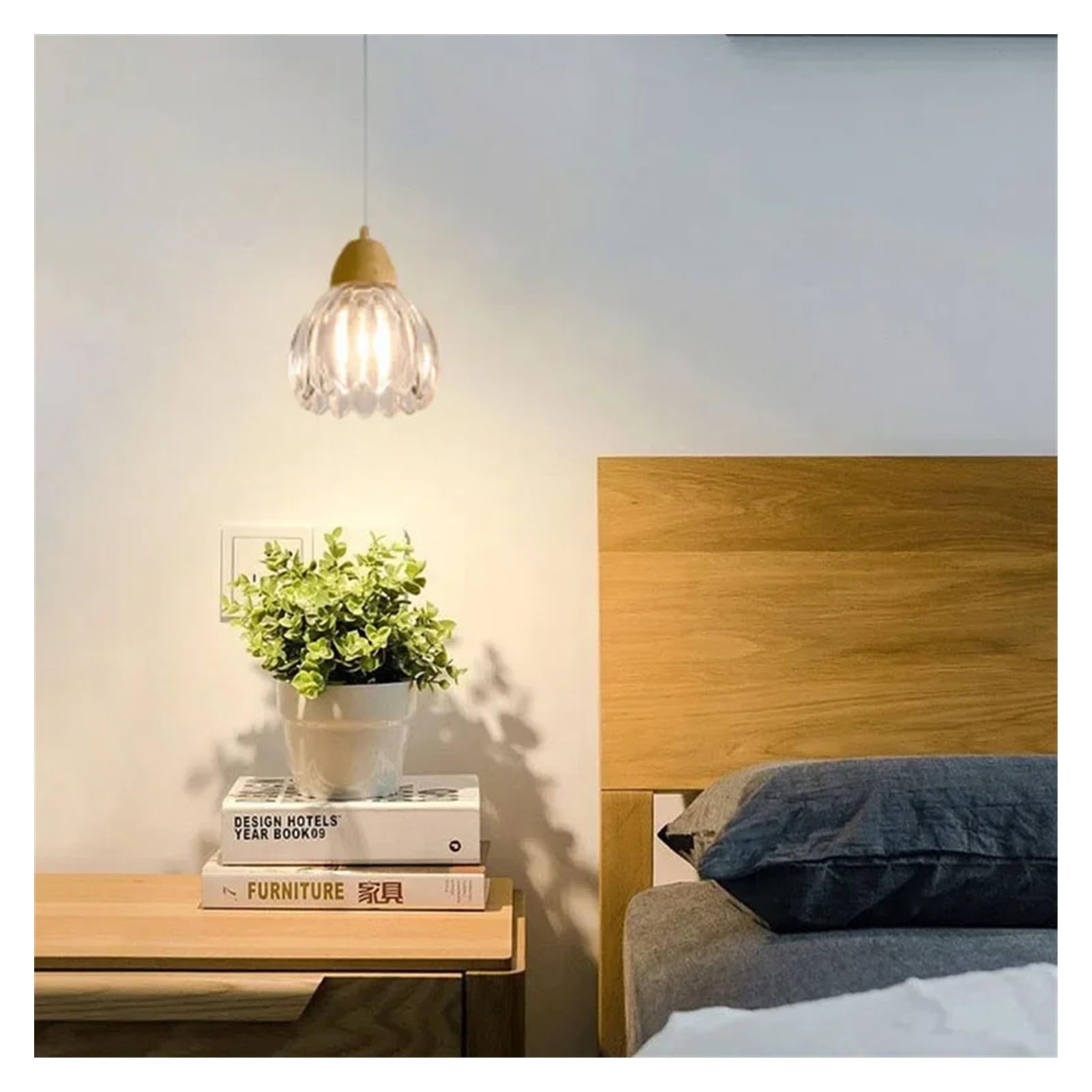 Generico Lampadario, Lampada a sospensione moderna in vetro trasparente con lampada in legno for sala da pranzo, comodino, corridoio, lampadina E27 regolabile(Warm)