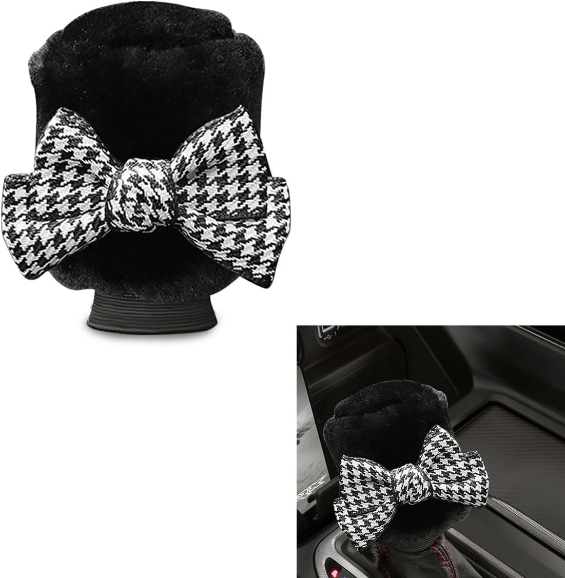 Car Gear Shift Knob Cover, Cute Bow Tie Shifter Stick Protective Cover, Universal Stick Shifting Handle Cover, Winter Automotive Interior Decor Accessories for Automatic/Manual Vehicle (Houndstooth)