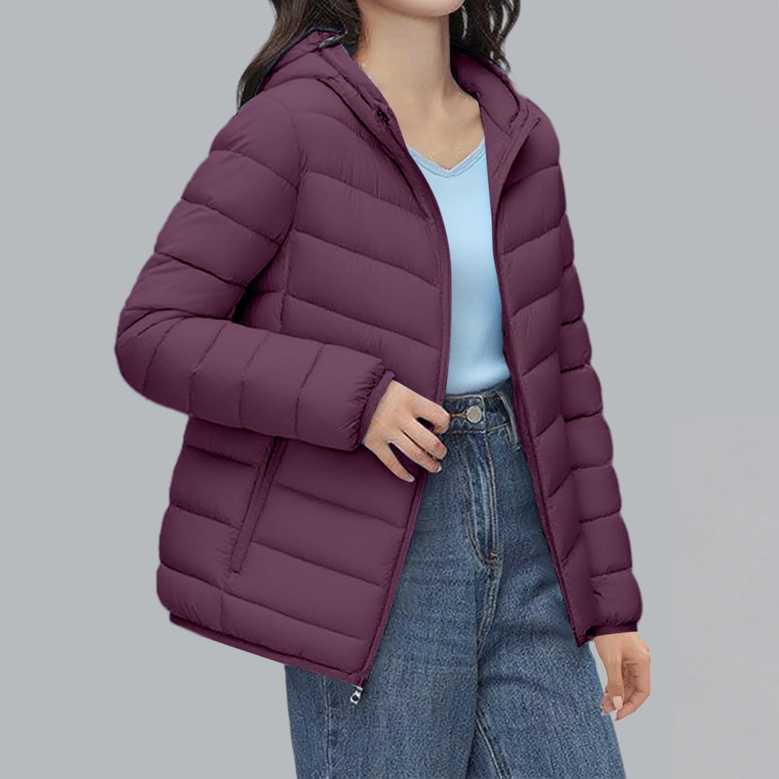 Chaqueta acolchada para mujer, chaqueta de entretiempo con capucha, chaqueta ligera de plumas, tallas grandes, abrigo acolchado de manga larga, chaqueta con capucha, abrigo cálido de invierno