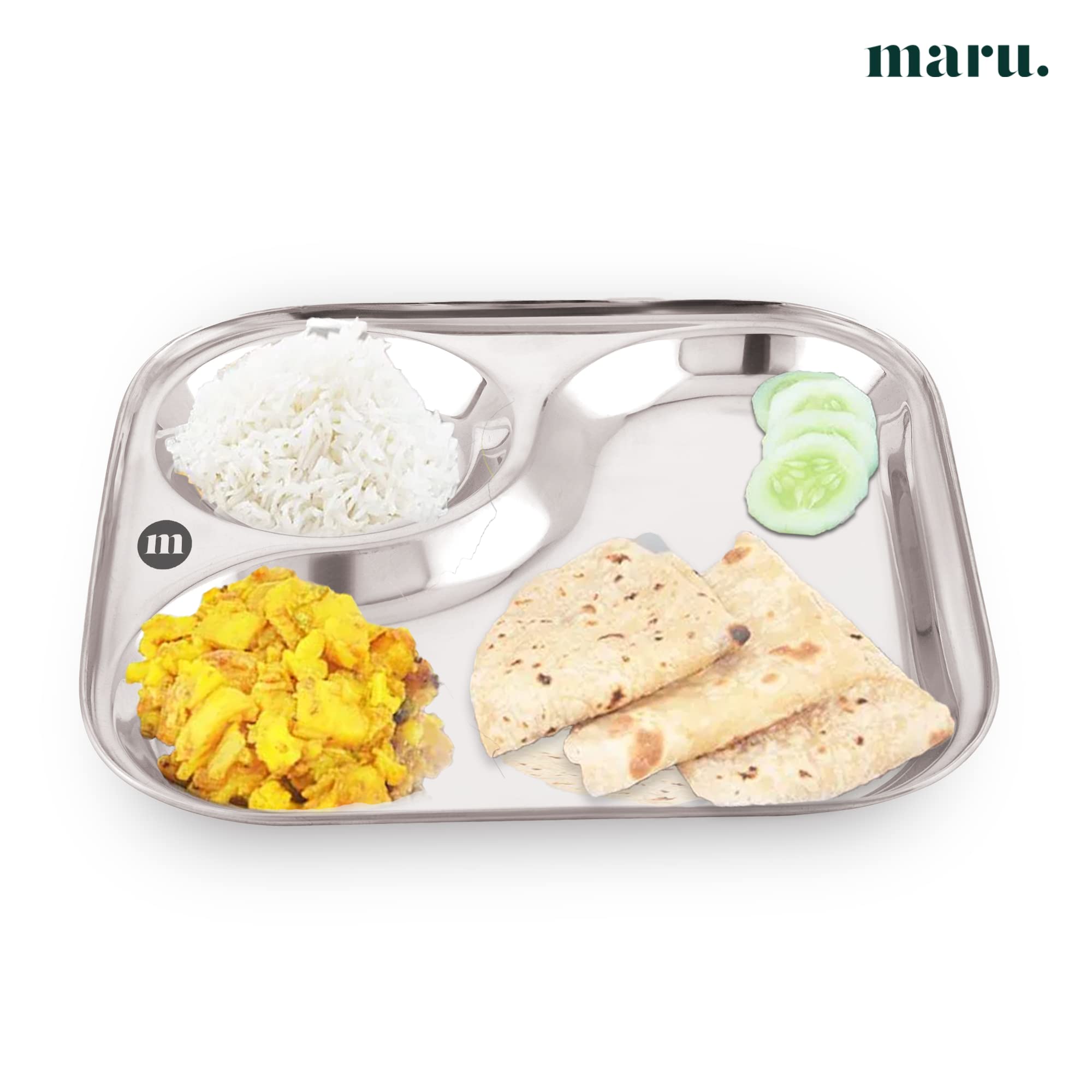 MARU Small Stainless Steel Snacks Plates with Compartments Set of 6, Durable Thali with 2-in-1 Compartment Section, Ideal for Breakfast, Snacks & Small Meals.