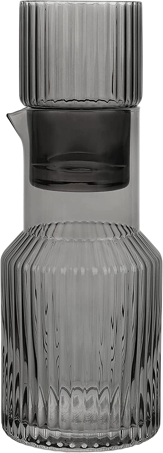elle decor Gray Ribbed 2 Pc Carafe Set | Bedside Night Water Carafe | Glass Pitcher and Cup that Doubles as a Lid | Glass Tumbler Perfect for Storing Water, Juice, and Other Drinks on Desktop/Shelf - Image 8