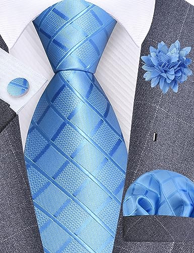 Image of GUSLESON 3.15 inch(8cm) Mens Tie and Lapel Pin Plaid Checkered Necktie Hankerchief Cufflinks Set for Men
