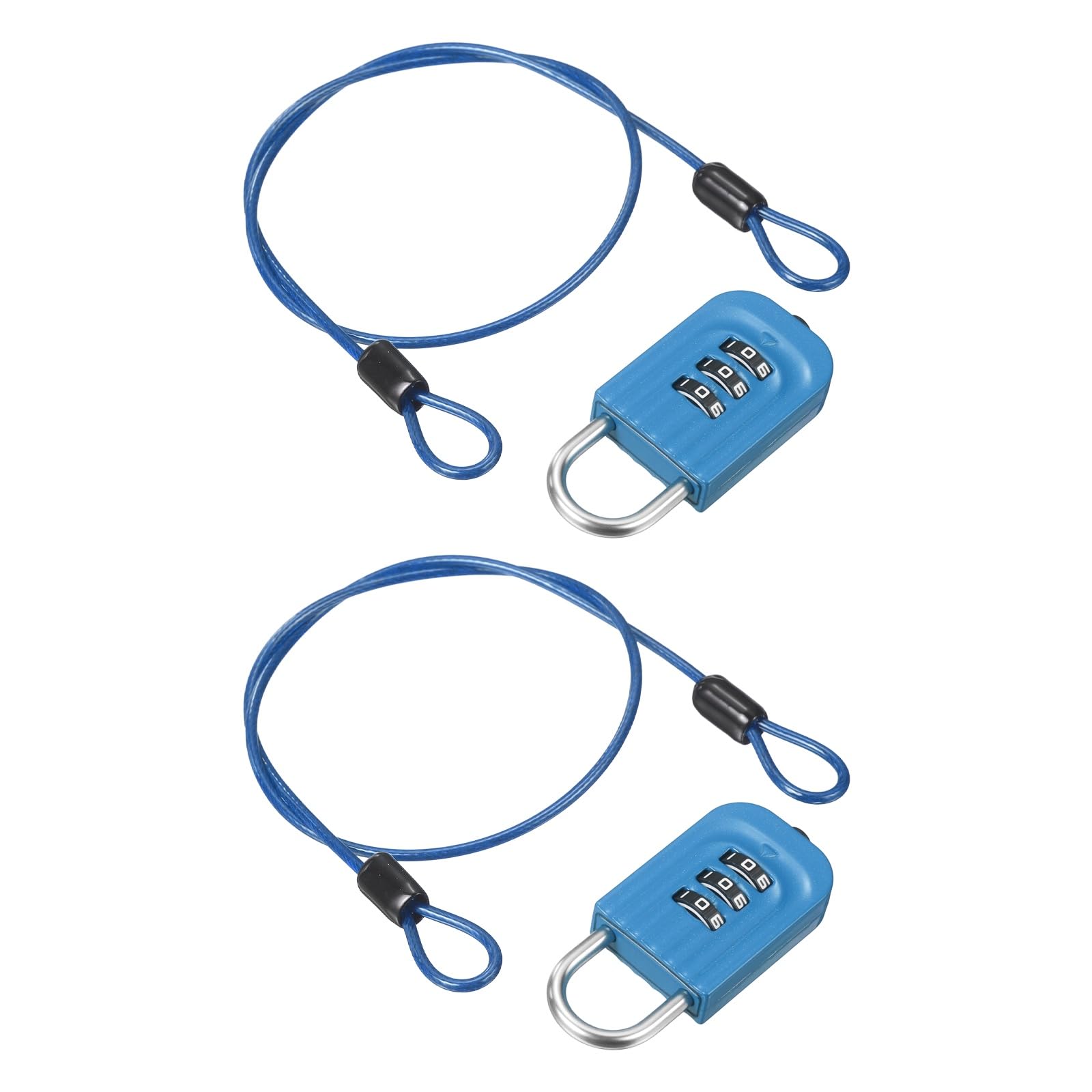 PATIKIL Security Cable with 3Digit Combination Lock, (1 Meter x 2.5mm, Blue)(2Pcs), Braided Stainless Steel Safety Cable Wire Rope with Double Loop, Suit for Suitcase/Bicycle/Cabinets