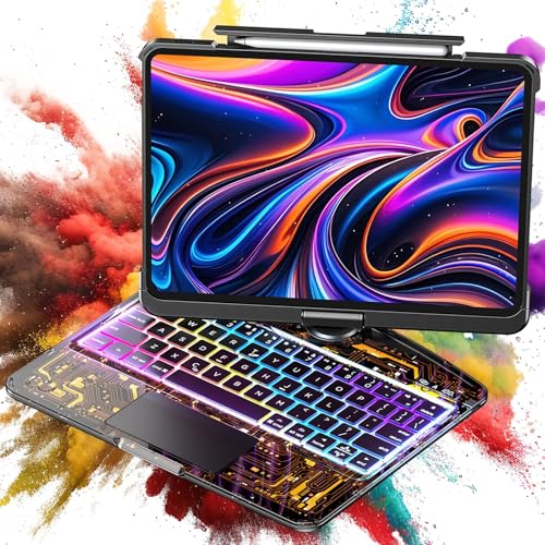 SIBEITU Keyboard Case for iPad Pro 13 Inch M5 2025 / M4 2024, Clear Wireless Protective Cover with Multi-Touch Trackpad, 7-Color Backlight & 3-Brightness, 360 Rotatable, Visible PCB Tech Design, Black