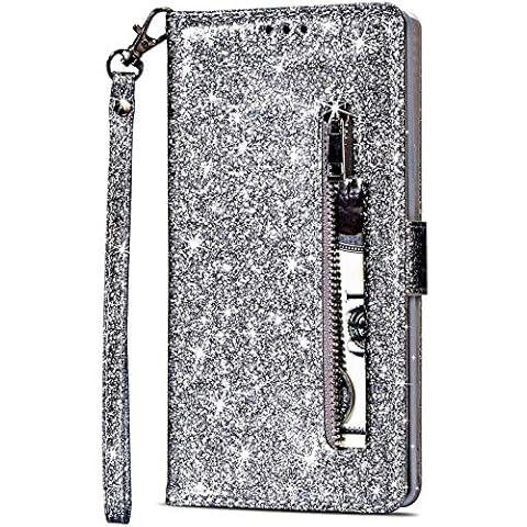Vepbk for Samsung Galaxy A51 Case, Leather Case Wallet Cover Flip Glitter Bling Elegant Sparkle Cover with Magnetic Card Holder Slots Hand Strap Holster Phone Case for Samsung Galaxy A51,Silver Cover