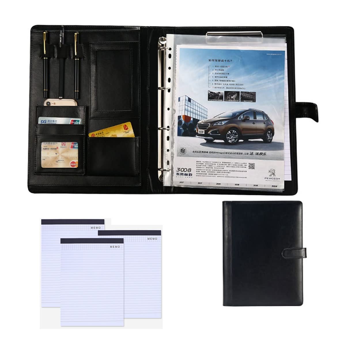 Porte Documents A4 Portfolio Multifonctionnel Folder En Cuir Professionnelle Conférence Dossier Avec Clip Pour Homme Femme Bloc Notes Rechargeable 25 Feuilles De Papier Lot De 4 ( Color : Black )