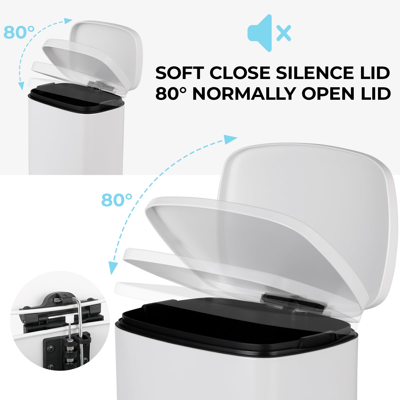 LIFERUN Mülleimer 50l + 5L, 2er Set Abfalleimer aus Stahl mit Softclose Deckel, Abnehmbarer Inneneimer, Geruch isolieren, Großer und Klein Tretmülleimer Set für Küche, Badezimmer, Büro, Weiß