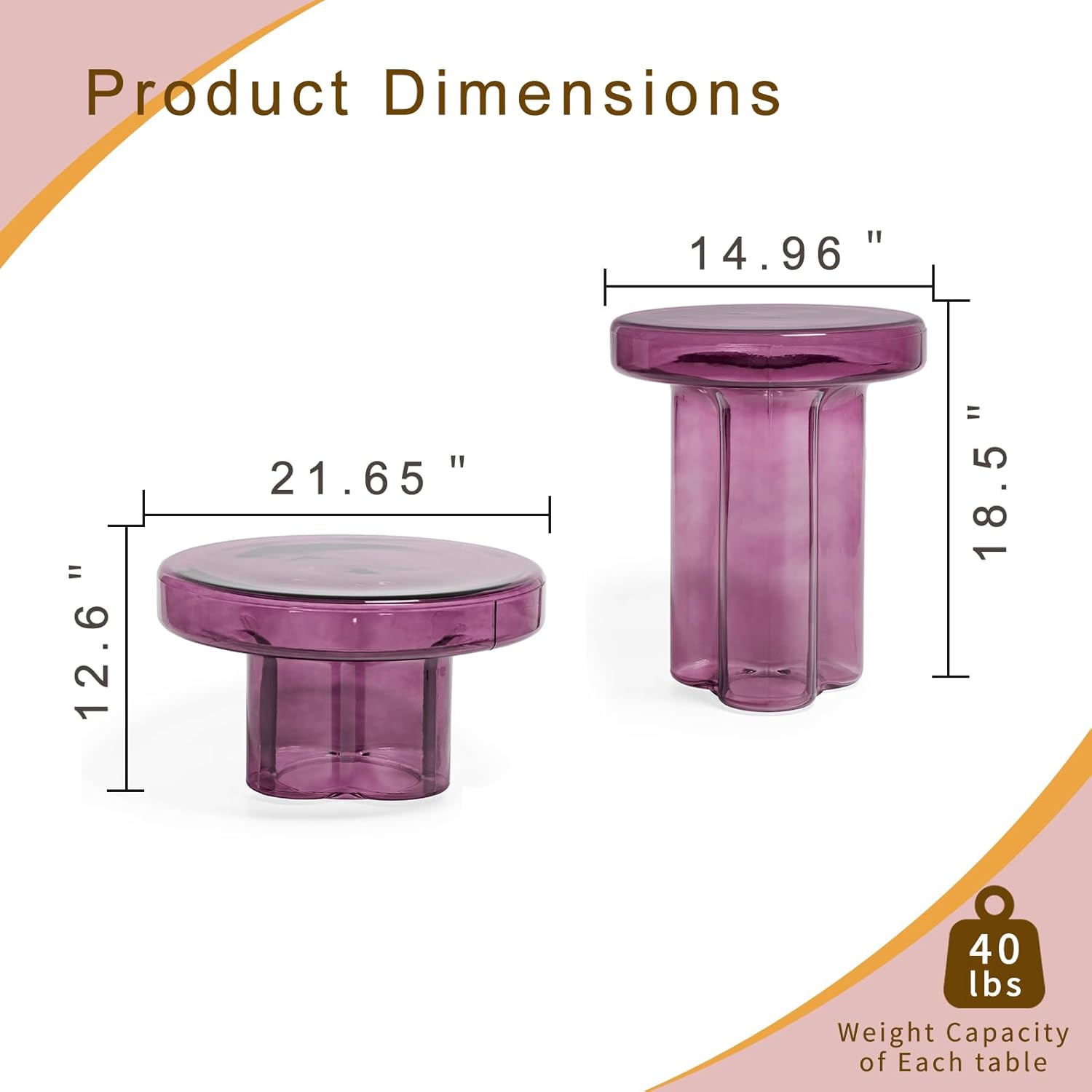 Modern Glass Coffee Table, Minimalist Round Coffee Table, Sculptural Accent Table for Living Room and Lounge, Light Purple, W14.96*H18.5in