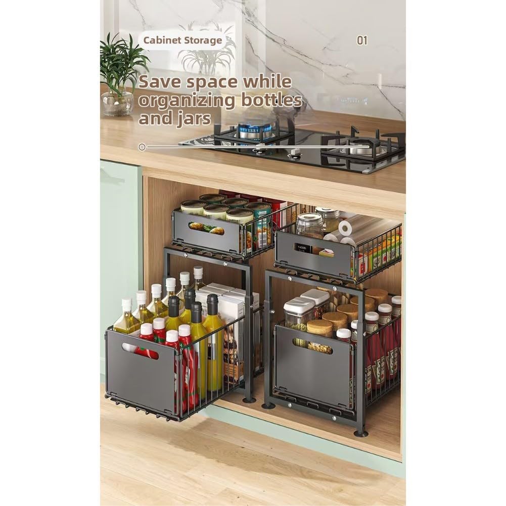 XBTGS Mensola regolabile sotto il lavello con design estraibile a 2 ripiani in acciaio al carbonio per cucina o bagno, altezza 41-49 cm mize spazio e disordine,