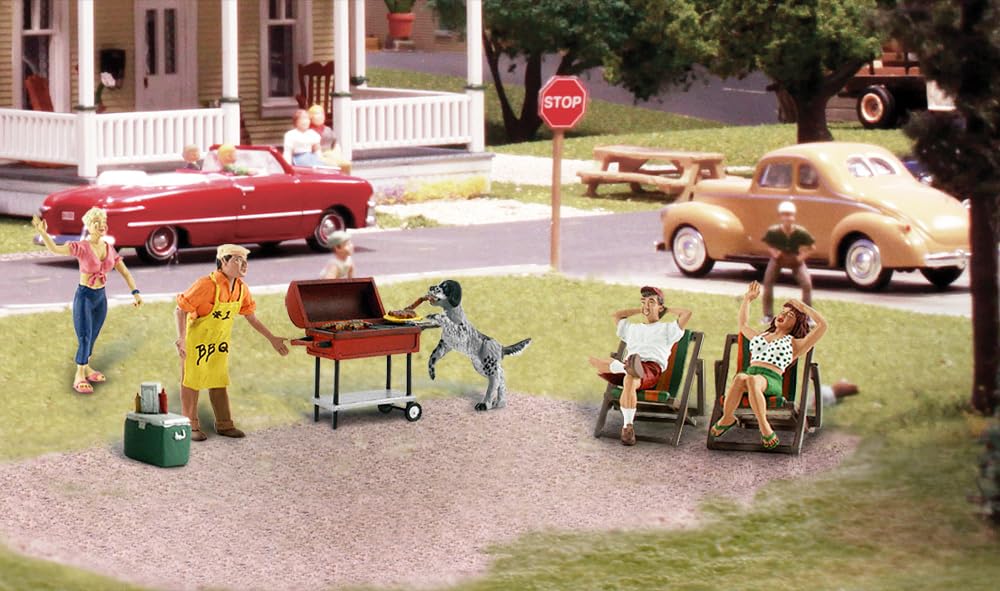 Woodland Scenics A1929 Grillo in giardino cane ruba salsiccia figure traccia H0 HO 1:87 Backyard Barbeque