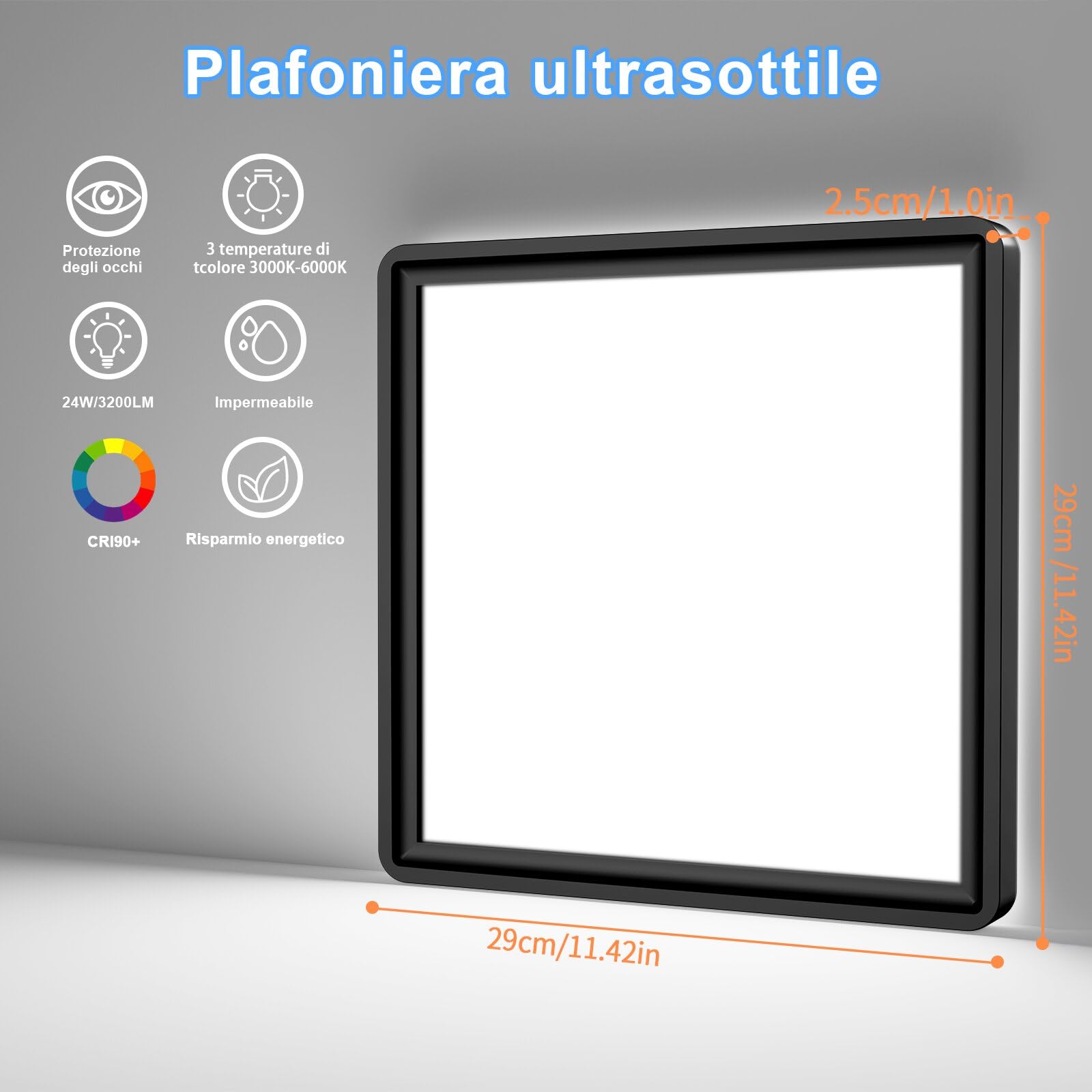 Plafoniera Soffitto 29CM, 24W 3200LM Lampada da Soffitto 6000K/4000K/3000K IP54 Impermeabile Quadrata Piatta Plafoniere Moderno Sottile per Soggiorno Bagno Cameretta Cucina Balcone Ufficio