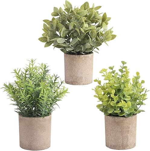 homEdge Mini eucalipto artificial en maceta, 3 paquetes de plantas de plástico artificial con maceta para el hogar, decoración de escritorio de