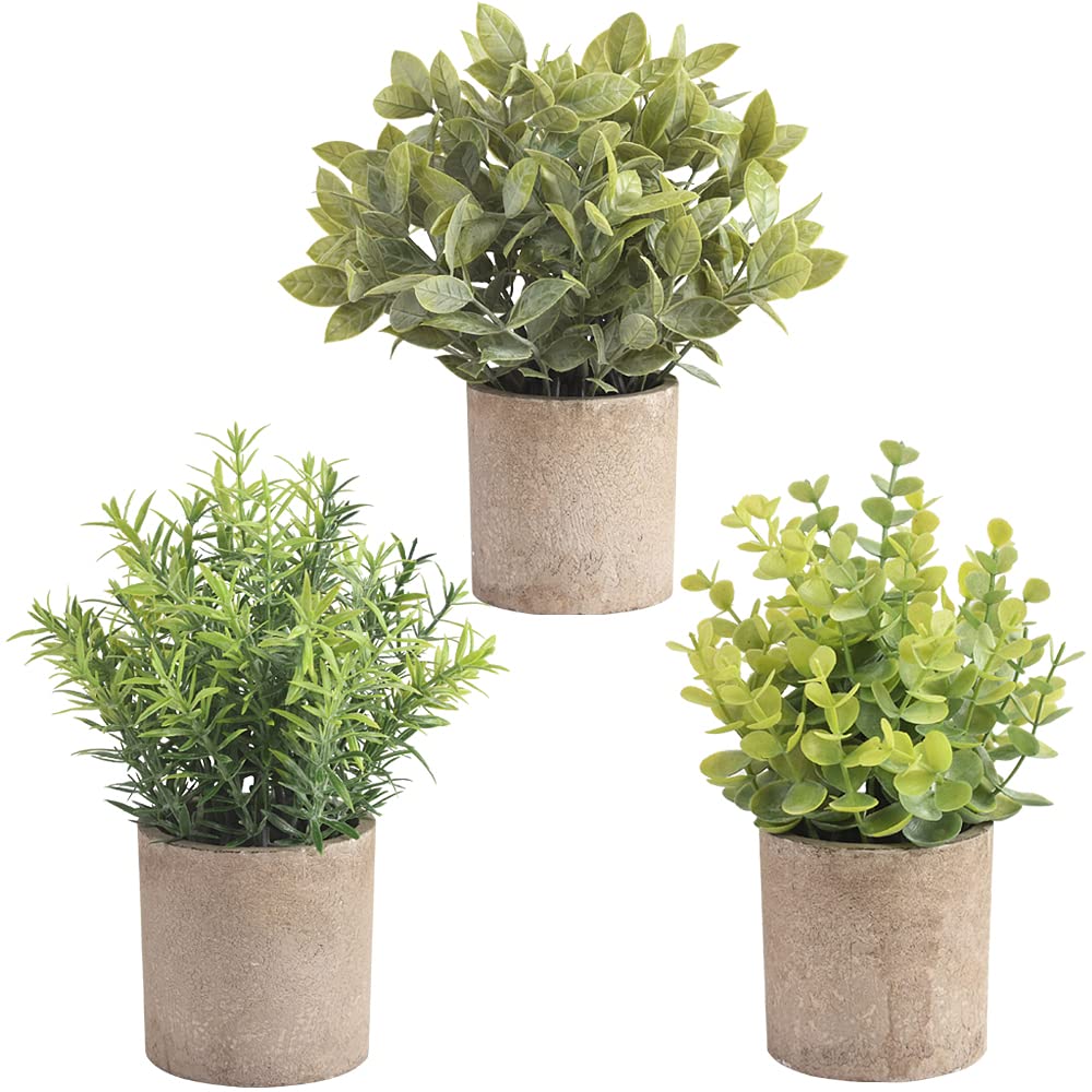 homEdge Artificial Mini Potted Eucalyptus, 3 Packs Artificial Plastic Plant Greenery with Pot for Home, Office Desk Decoration
