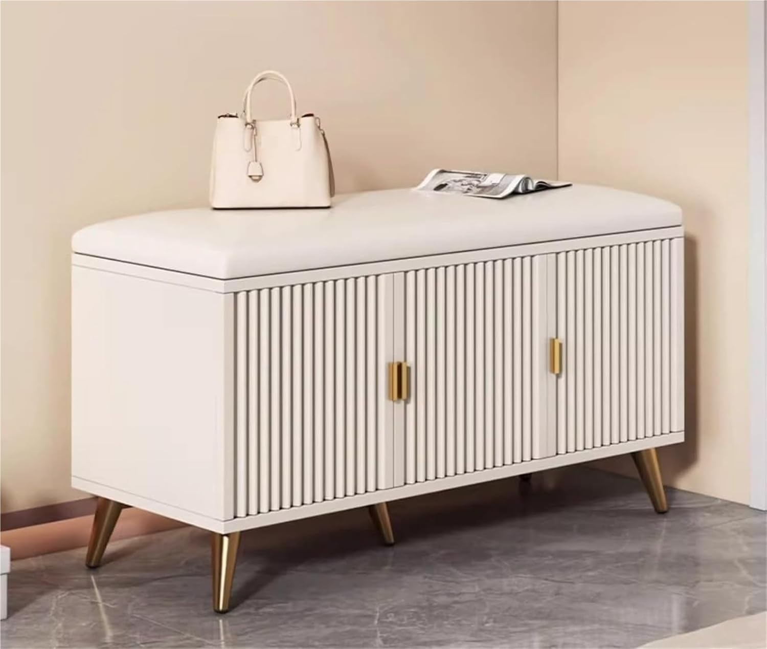 LWJSOCP Shoe Storage Bench with Cabinet - Upholstered Entryway Shoe nizer Rack Space-Saving Hallway Fur for 24 Pairs Stylish White Design (60cm/23.6in)