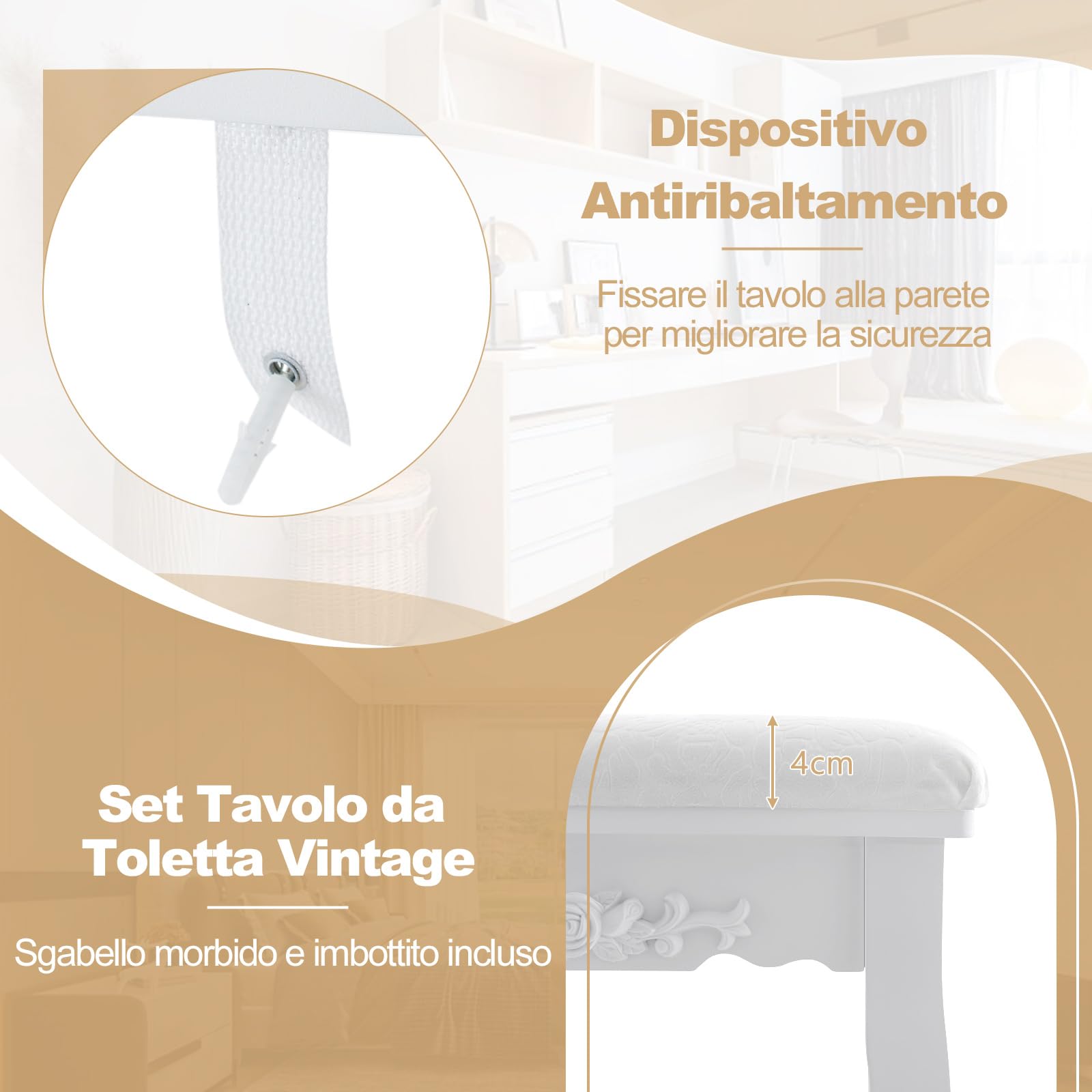 COSTWAY Toeletta da Trucco con 10 Luci LED, Set Tavolo da Trucco con 4 Cassetti e Sgabello, Specchio Girevole 360°, Consolle Toeletta per Soggiorno Camera da Letto, 75 x 40 x 145 cm (Bianco)