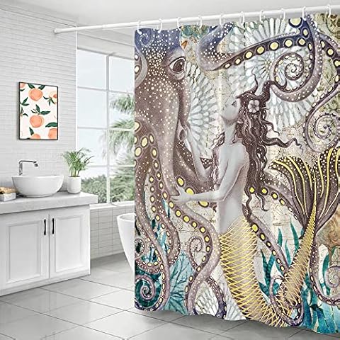 Nautical Mermaid and Octopus Shower Curtain, Abstract Ocean Fantasy Animals Vintage Map Coral Seagrass Beach Bohemian Florals Pattern Artistic Boho Farmhouse Mystic Shower Curtains, 70X70IN Cover