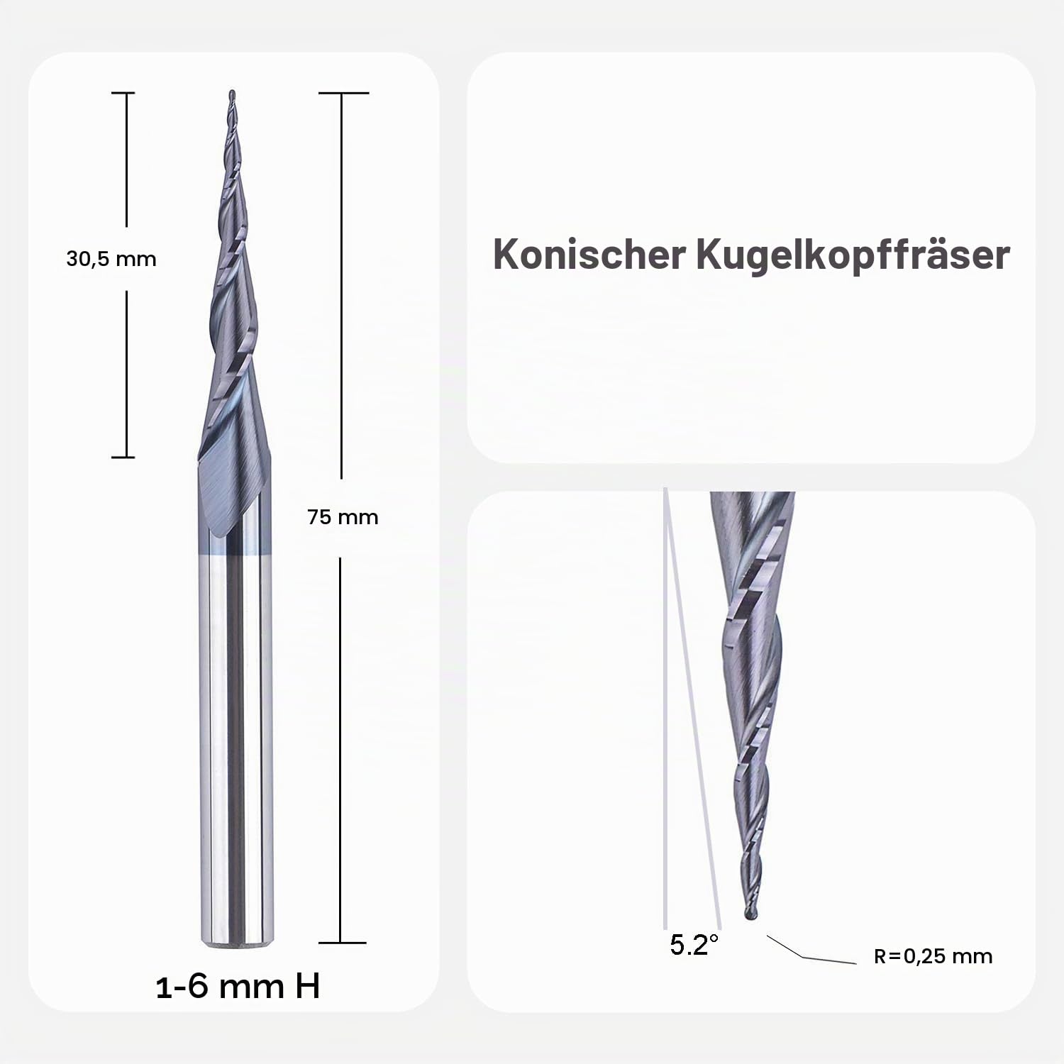 SpeTool Kugelkopffräser 6mm Schaft VHM Konische Fräser CNC 2 Flöten 0,25 mm Radius Schaftfräser mit TiAlN Beschichtung Gravierfräser für Oberfräse 2D und 3D Gravur