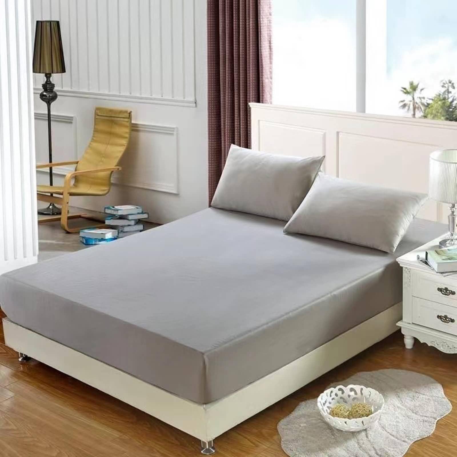 Drap 150x200 bonnet 25cm gris uni pour matelas epais en polycoton