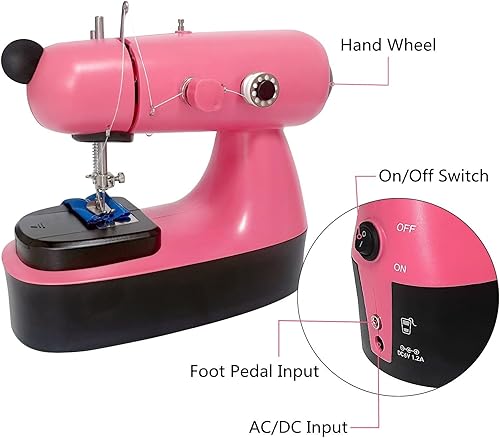 Miniatura 5 de Fbshicung Mini máquina de coser para niños de 8 a 12 años, máquina de coser rosa, ligera, pequeña, eléctrica con mesa de extensión, luz LED