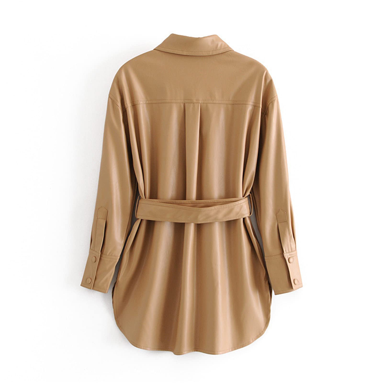 Giacche in ecopelle da donna con fascia in PU cappotto rovesciato collare giacca solida con velluto High Street autunno primavera, Beige, S