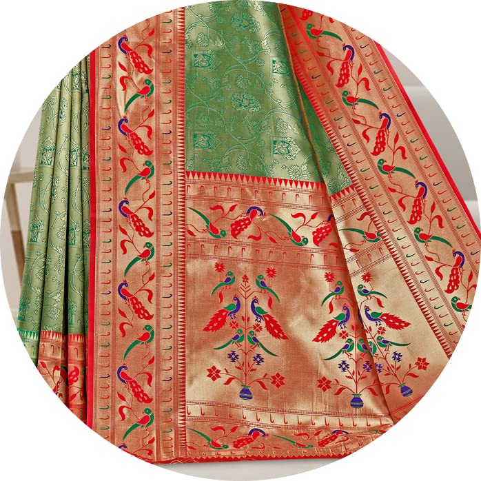 Image of Jaanvi fashion Women's Paithani Silk With Zari Jacquard Work Saree With Blouse Piece(indian-metalics-green-red)