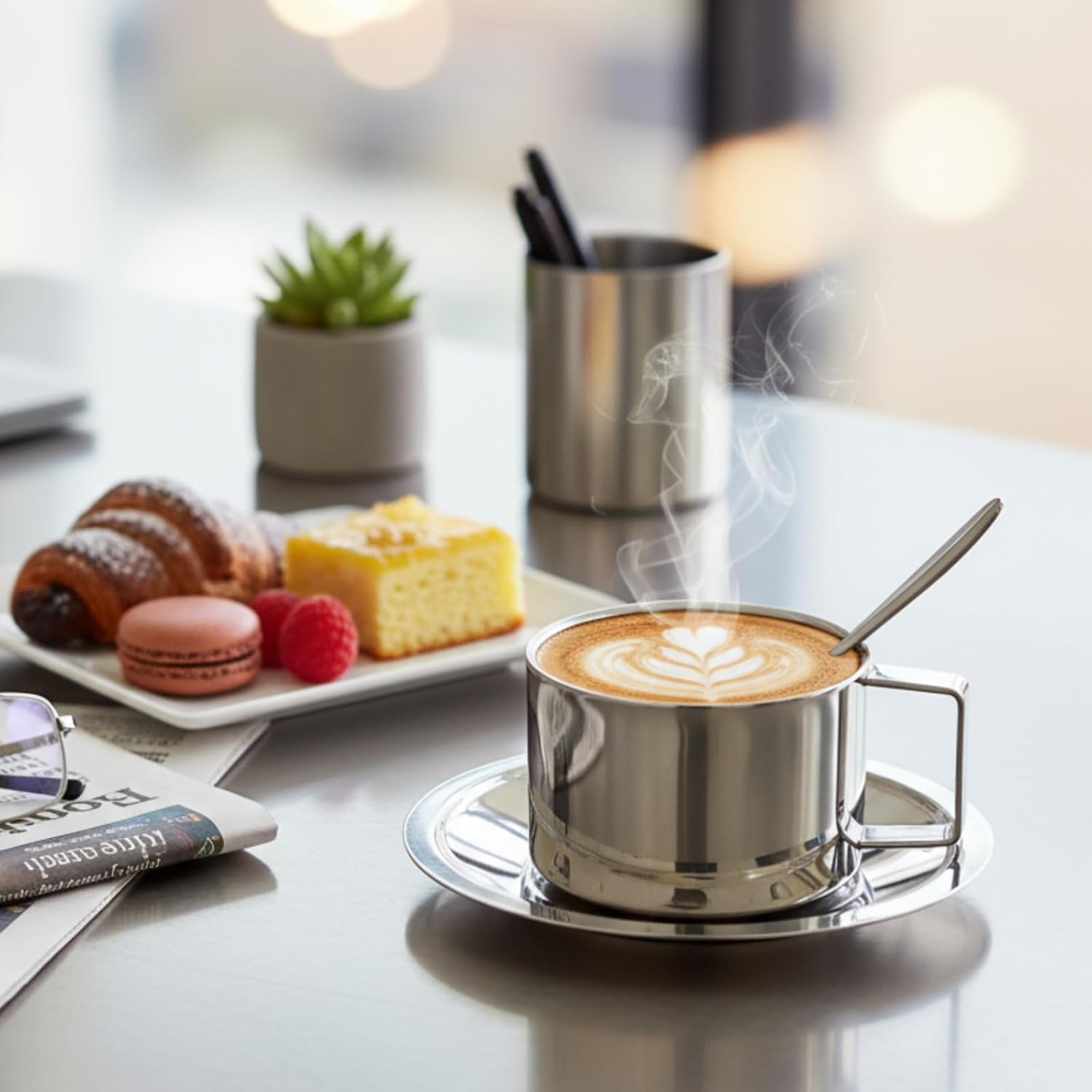 6 Pack Stainless Steel Coffee Cups Set, 7oz Insulated Espresso Cups with Spoon and Saucer, Double Walled Coffee Mugs for Latte, Tea, Milk, Cappuccino