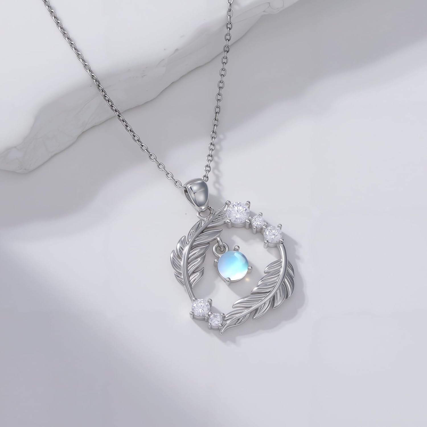 Moonstone Feather Necklace Sterling Silver, Iridescent Moonstone Pendant for Women, 925 Silver Bohemian Jewelry, Healing Crystal Gift for Her - Image 3