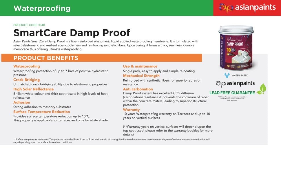 Image of Asian Paint SmartCare Damp Proof White Waterproofing - Waterproof Coating | Damp Protection, Crack Bridging | 10 Liter (White)