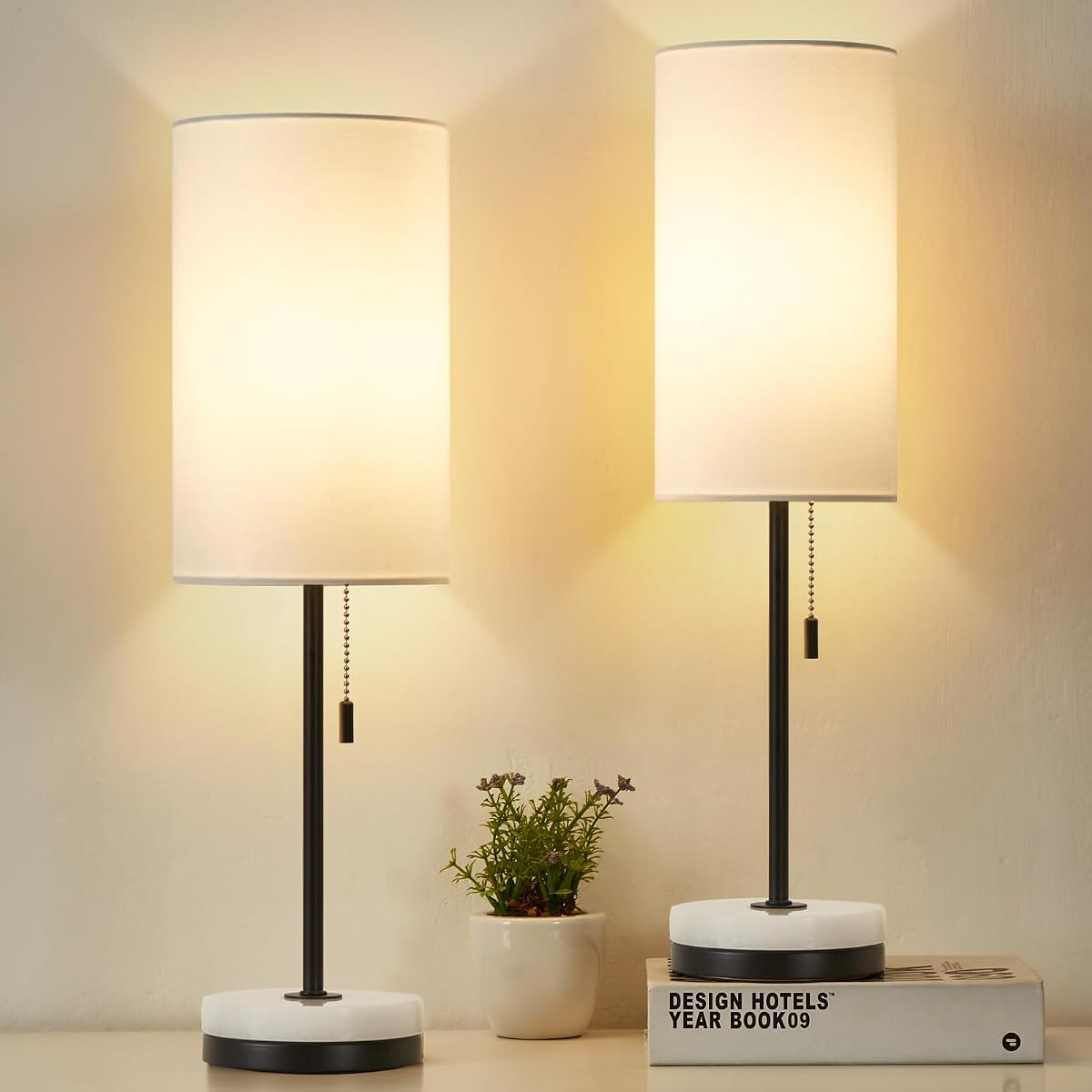 Luvkczc Juego de 2 lámparas de mesa minimalistas de 18.0 in, lámpara de mesita de noche para dormitorio, sala de estar, moderna lámpara de noche con cadena con base de mármol, pantalla de tela, lámpara de escritorio pequeña para el hogar, oficina, lectura