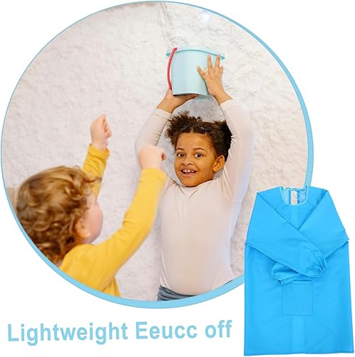 Miniatura 3 de Delantal de pintura de manga larga azul con bolsillo para fácil acceso a pinceles y suministros para dibujo artístico y comer