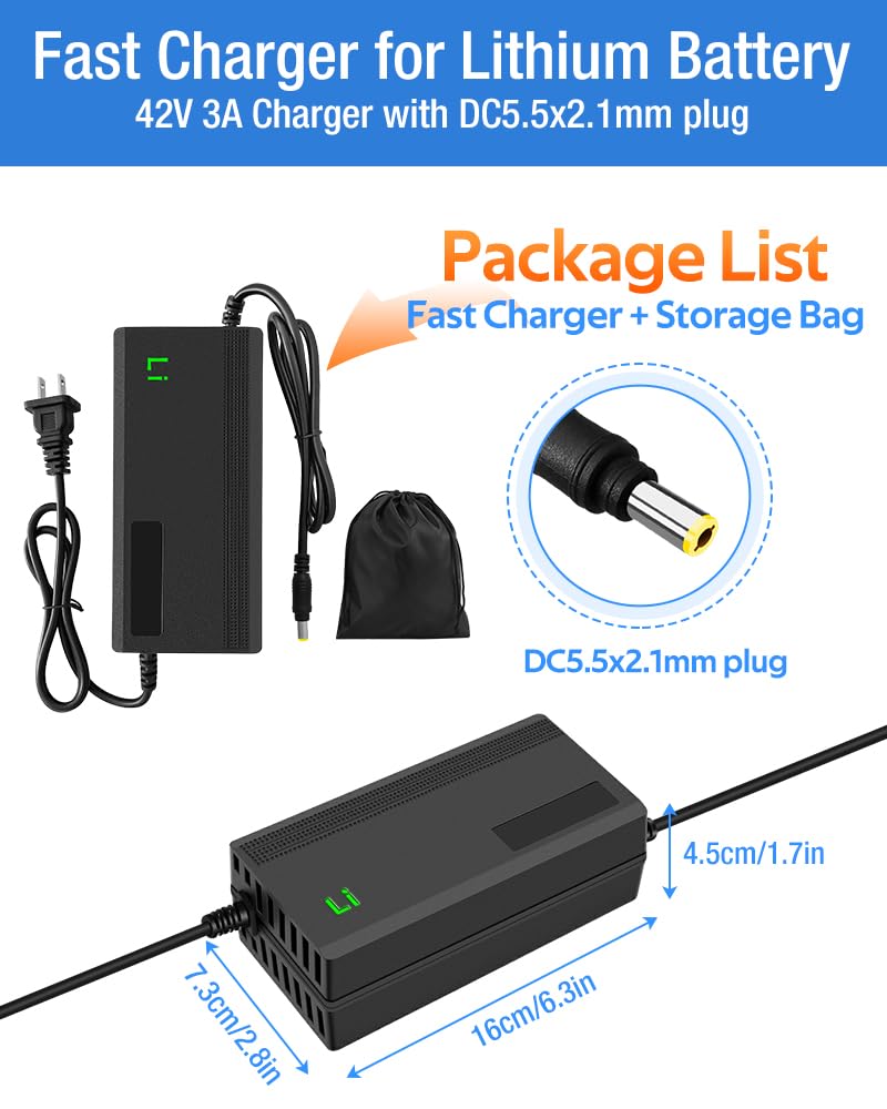 42V 3A Fast Battery Charger for 36V Lithium Battery, No Adapter,7 Types of Plugs to Choose from,More Secure.Compatible with Most Plugs. with Cooling System (DC5.5x2.1mm plug-3A)