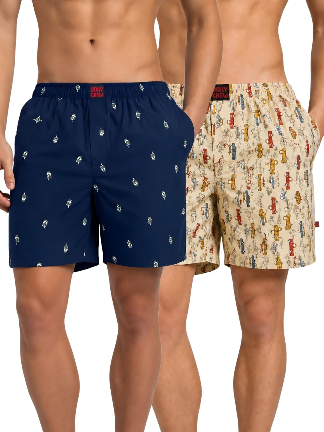 boxy crew Men Boxer Shorts Pack of 2, 100% Cotton Woven Boxers, Navy Blue & Beige, Printed Designs, Dual Side Pockets, No-Marks Inner Elastic Waistband, Relaxed Fit Lounge & Sleep Shorts-picture-40