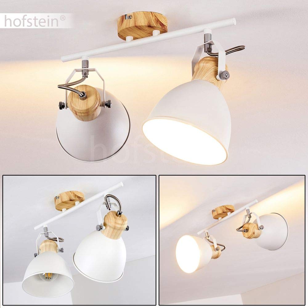HOFSTEIN Deckenleuchte Banjul, verstellbare Deckenlampe aus Metall in Weiß/Holzoptik, moderne Leuchte im Retro/Vintage/Industrial-Design, 2 x E27, Esszimmer, Schlafzimmer, Wohnzimmer, Küche
