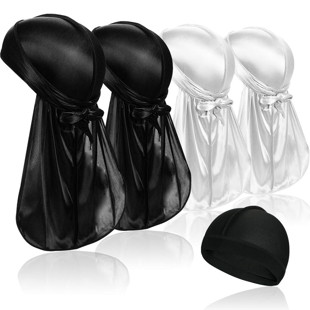 Samserot Men's Style 3 4 Pcs Silky Durag Caps Headwraps With Long Tail And 1 Piece Silk Wave Cap Perfect For 360 Waves