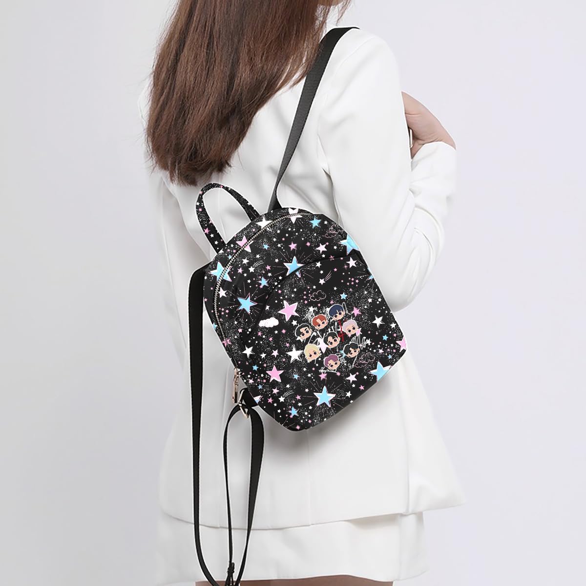 Glittery Stars and Clouds Printed Backpack with Adjustable Straps, Black, Pink and Blue - Image 2