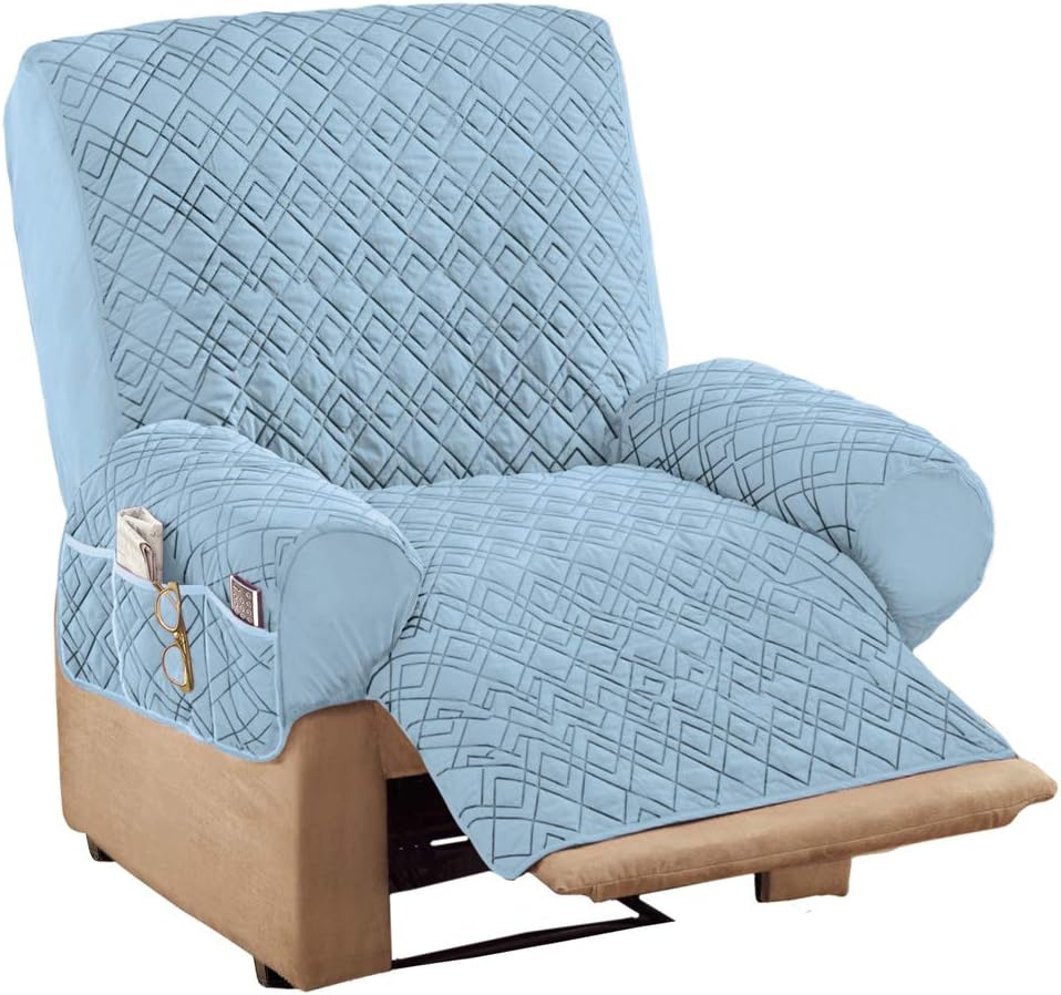 Collections Etc Diamond-Shape Quilted Stretch Recliner Cover with Storage Pockets and Elastic Straps - Furniture Protector