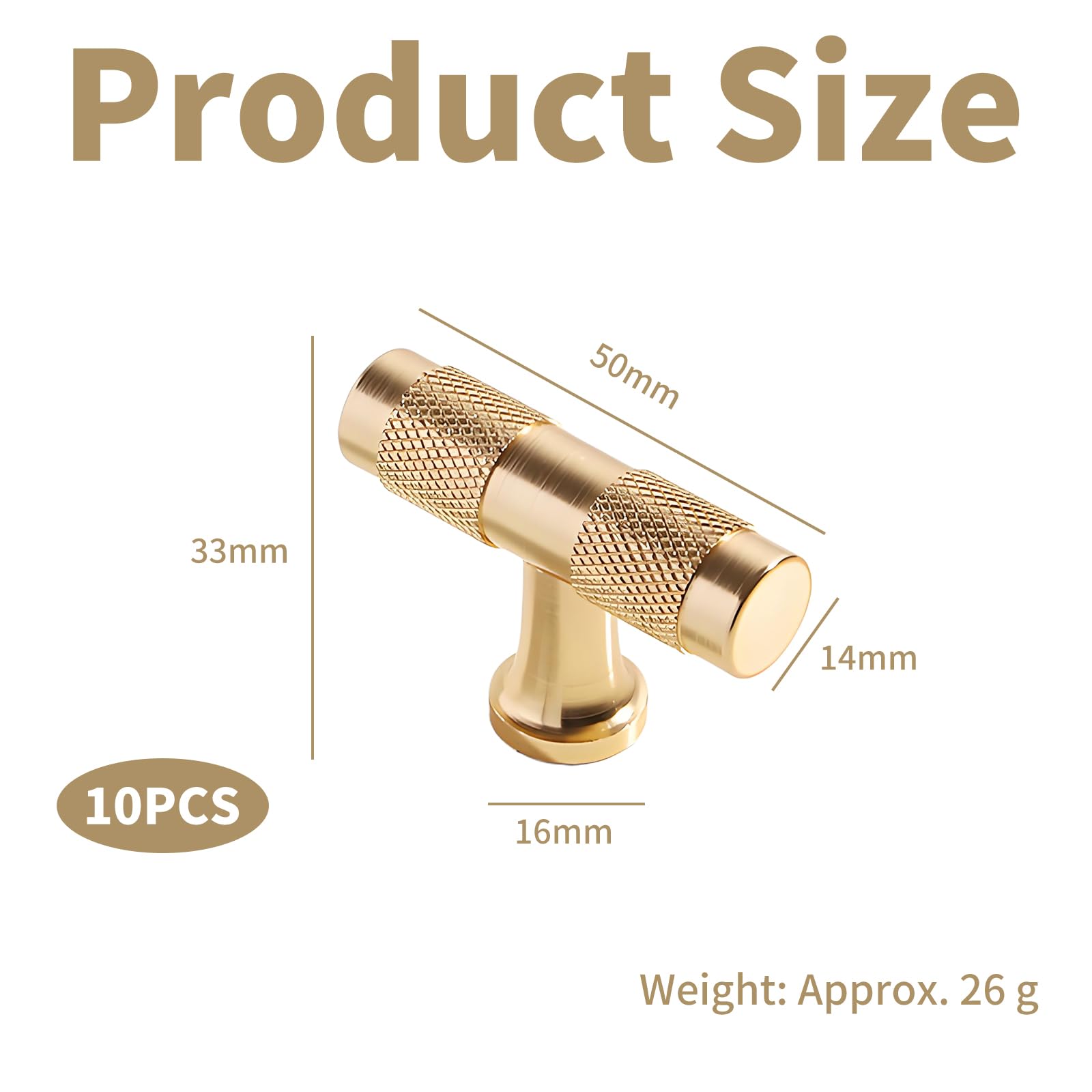 Xiciki 10 Pcs Gold Kitchen Door Knobs, 50mm Length Single Hole Drawer Cabinet Handles - Image 2