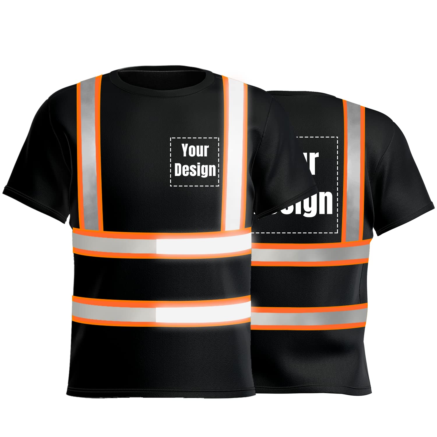 YOWESHOP Hi-Vis Safety T-Shirt Add Your Design Quick Dry Workout Shirts with Reflective Strips (L, Black (Orange) - Style 4)