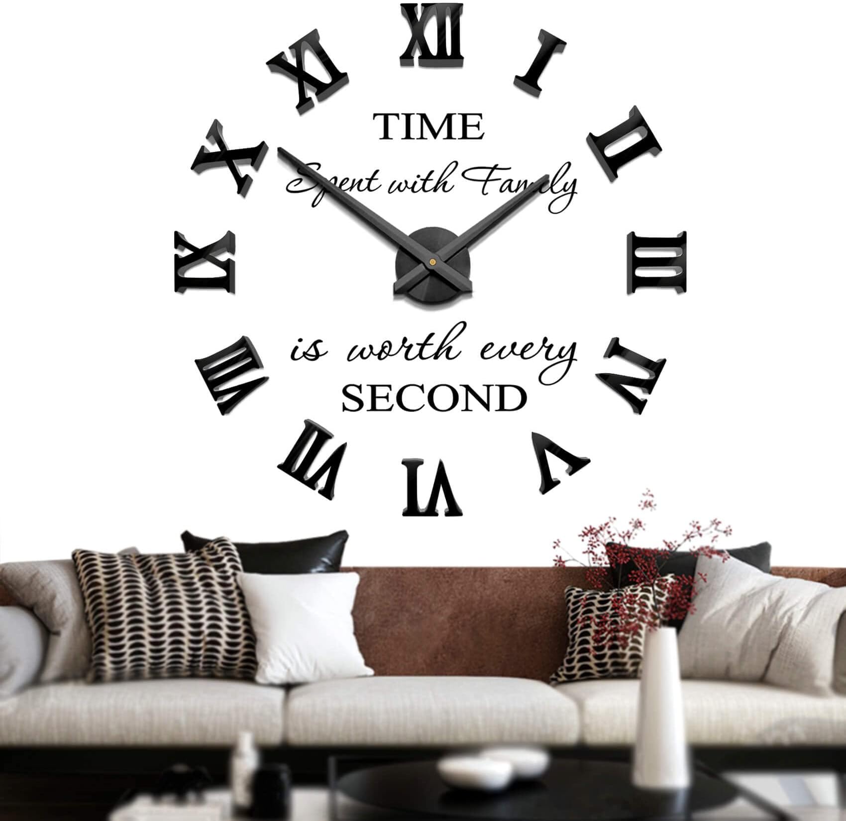 Mute DIY Frameless Large Wall Clock Roman Numerals 3D Mirror Sticker Home Office Decorations (Black)
