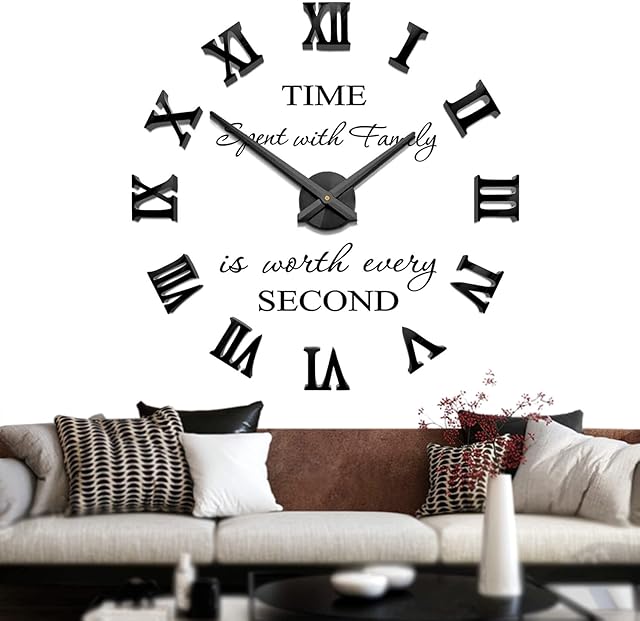 Mute DIY Frameless Large Wall Clock Roman Numerals 3D Mirror Sticker Home Office Decorations (Black)