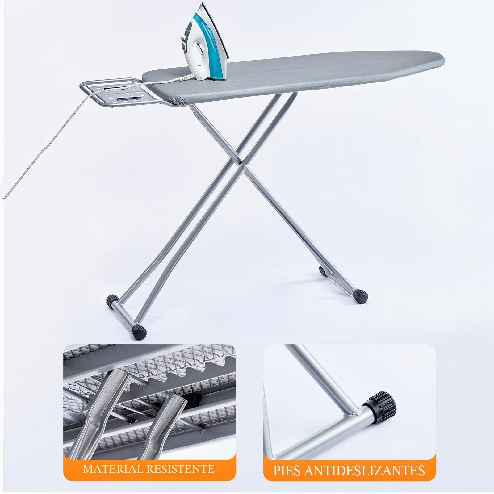 Tabla de Planchar BKTD, Cubierta Resistente al Calor, Soporte para Plancha de Vapor, Tabla de Planchar Plegable Antideslizante. Estructura Robusta de Metal (34 * 88 * 134 cm) Color Gris Plata.