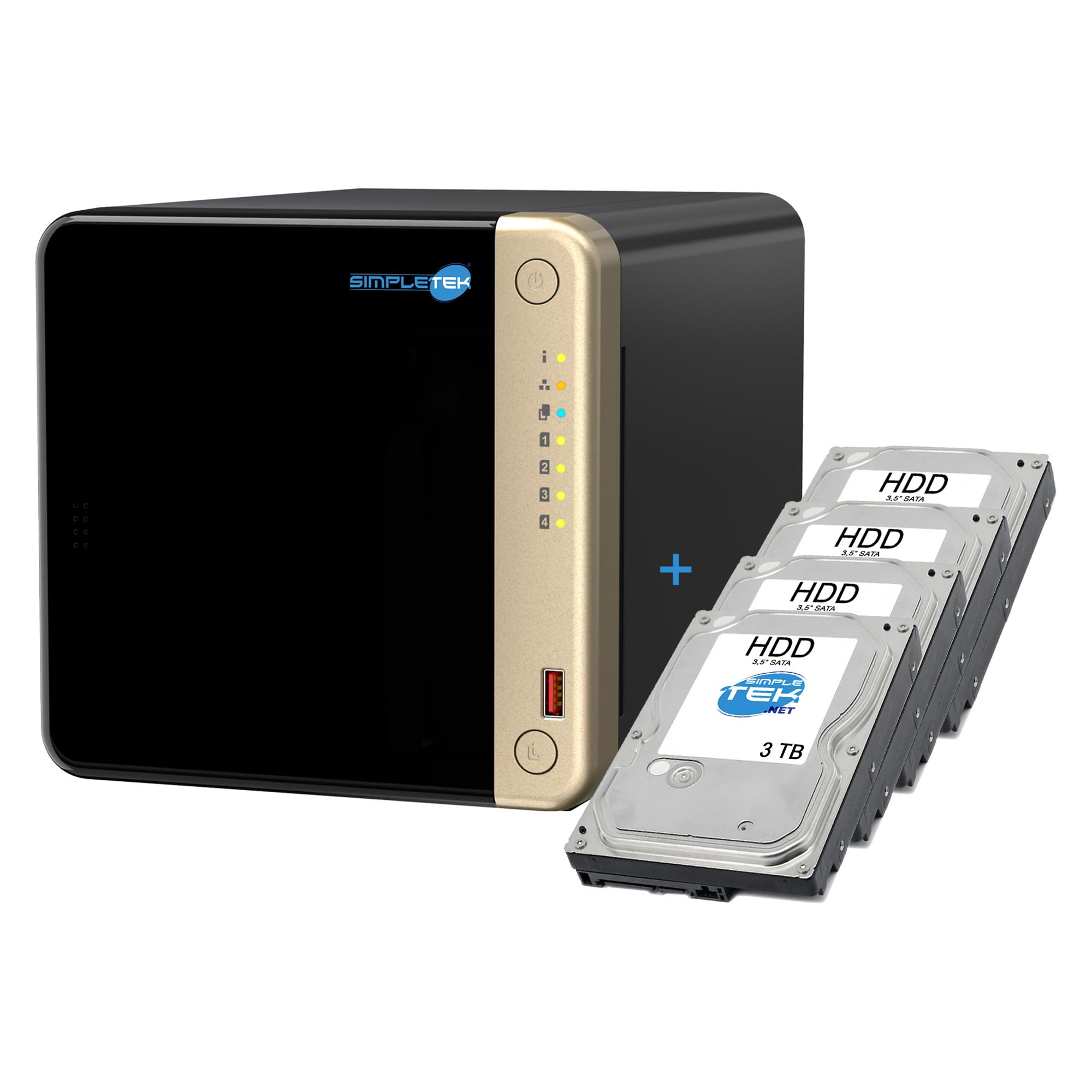 SIMPLETEK - NAS Professionale 4 Vani - 4x HDD 3TB - Quad-Core 2.0GHz - 8GB RAM (Max 16GB) - 2 Slot M.2 NVMe - Slot PCIe - 2.5GbE - HDMI
