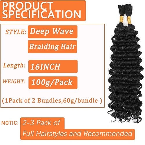 Miniatura 3 de Mezcla de cabello humano trenzado sintético de onda profunda a granel para trenzar, 16 pulgadas, cabello trenzado húmedo y ondulado, 2 piezas de