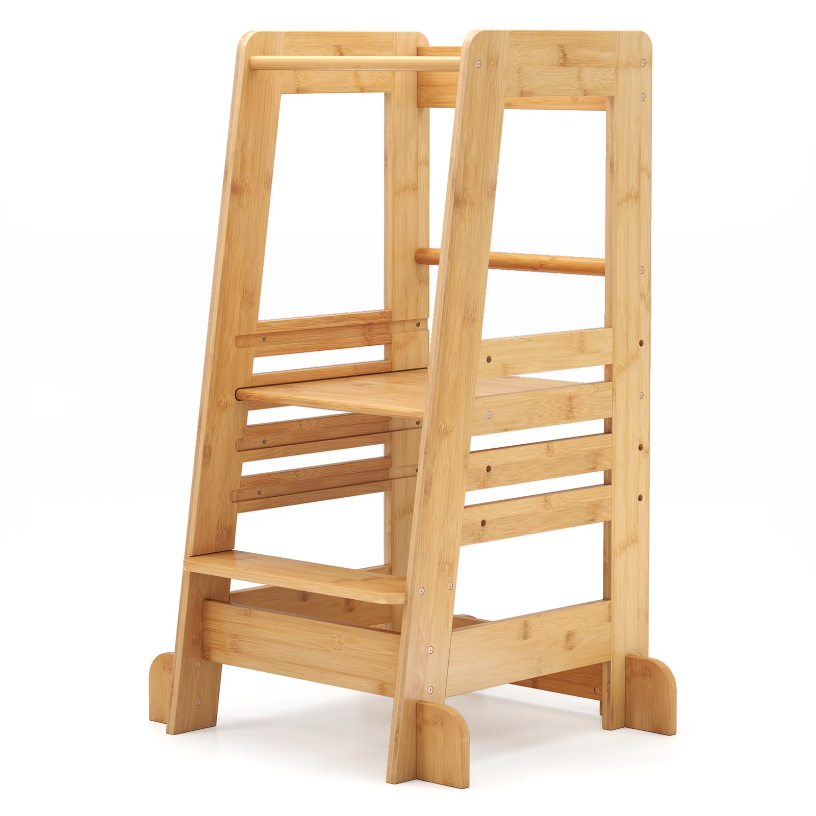 HONEY JOY Kitchen Step Stool for Toddlers, Height Adjustable Children Wooden Standing Tower w/Safety Rail, Montessori Kids Learning Stool for Kitchen Counter, Natural