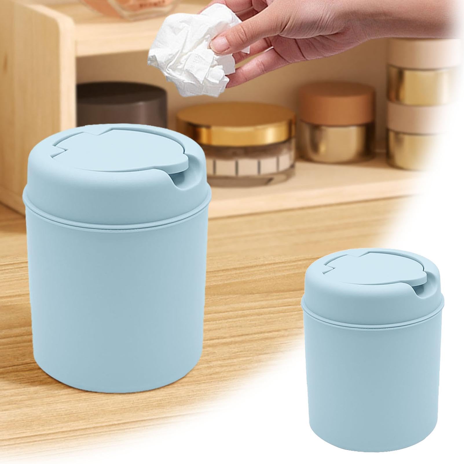 Mini Desk Trash Can with Swing Lid, Tiny Countertop Garbage Bin Portable Waste Basket for Desktop Home Office (Blue-A)