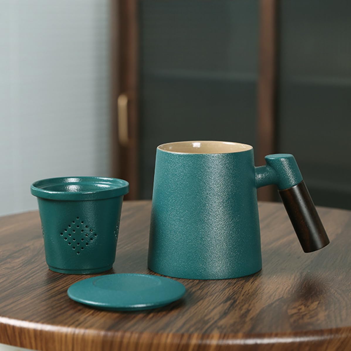 Taza de Té Infusor de Cerámica y Filtro, Capacidad 400ml, Diseño Mango de Madera, Adecuado para Oficina y Cafetería, Color Verde