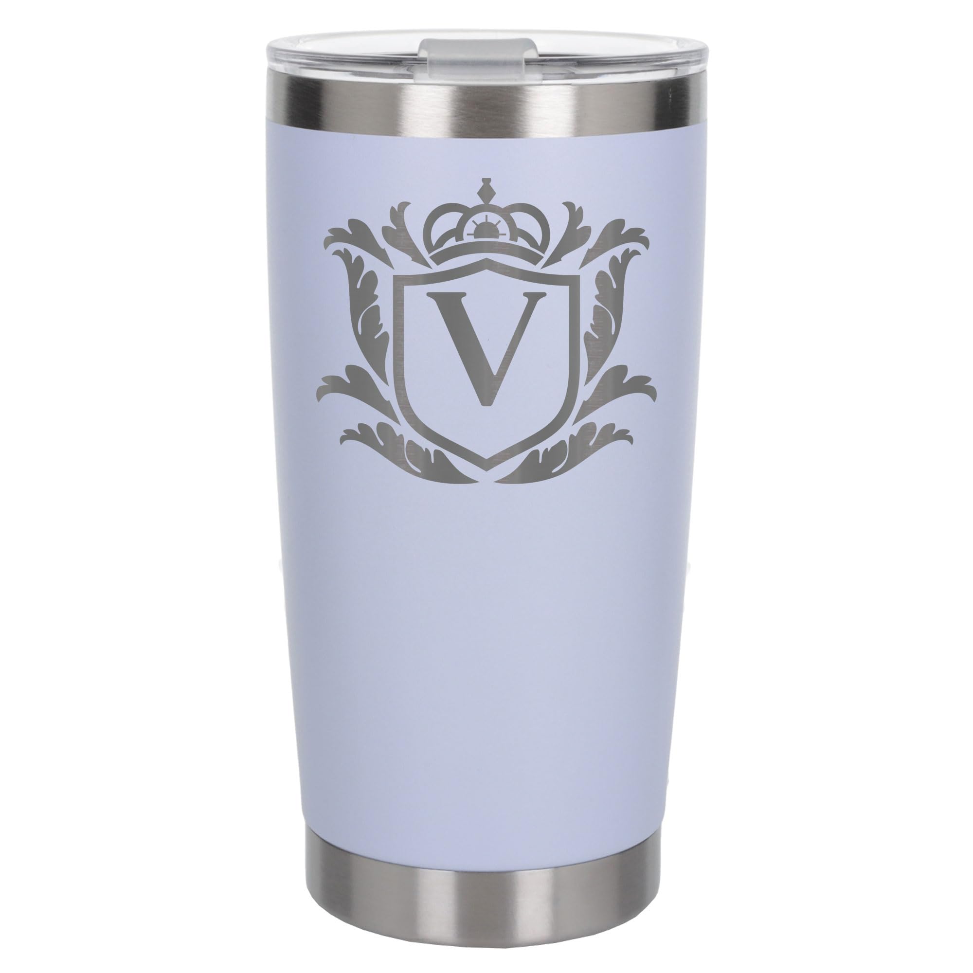 Customised Gifts 500ml Engraved Shield Initial Monogram Insulated Personalised White Travel Mug for Men and Women - Personalised Initial Coffee Travel Mug for Hot and Cold Beverages, Letter V